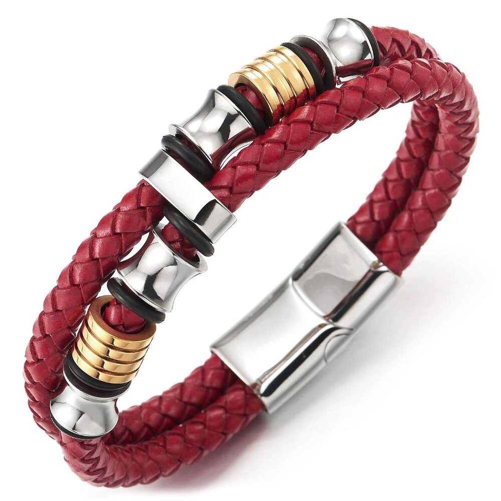Mens Double-Row Braided Leather Bracelet Steel Ornaments Classic Minimal Chic